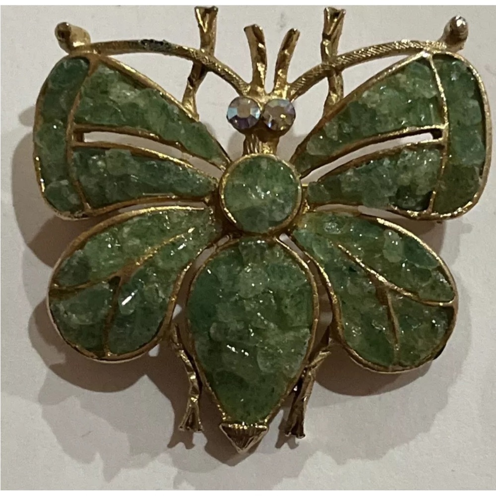 Vintage Wiesner Green Jade Chip Butterfly Brooch Pin Lapel